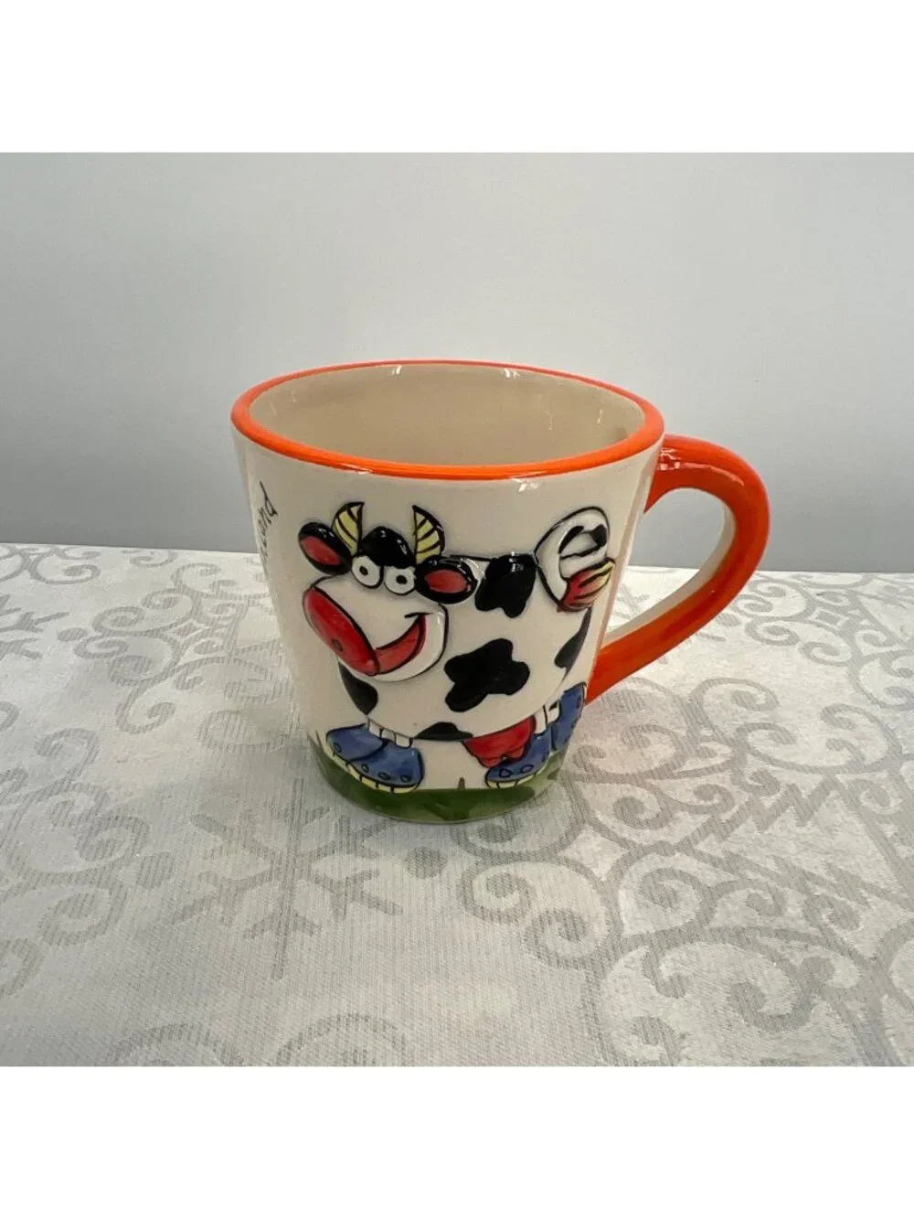 Hand painted Ceramic Cow Mug Holland Peek a Boo Mug Windmill Design Orange Rim &